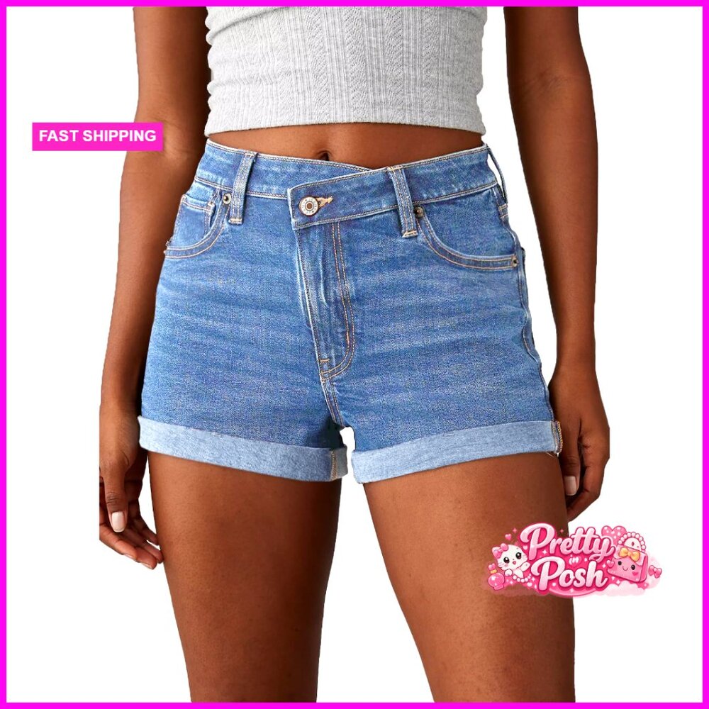 High Waisted Denim Shorts With Crossover Design And Rolled Hem